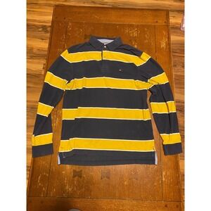 Tommy Hilfiger Men's Small Navy Yellow Striped Long Sleeve Polo Classic